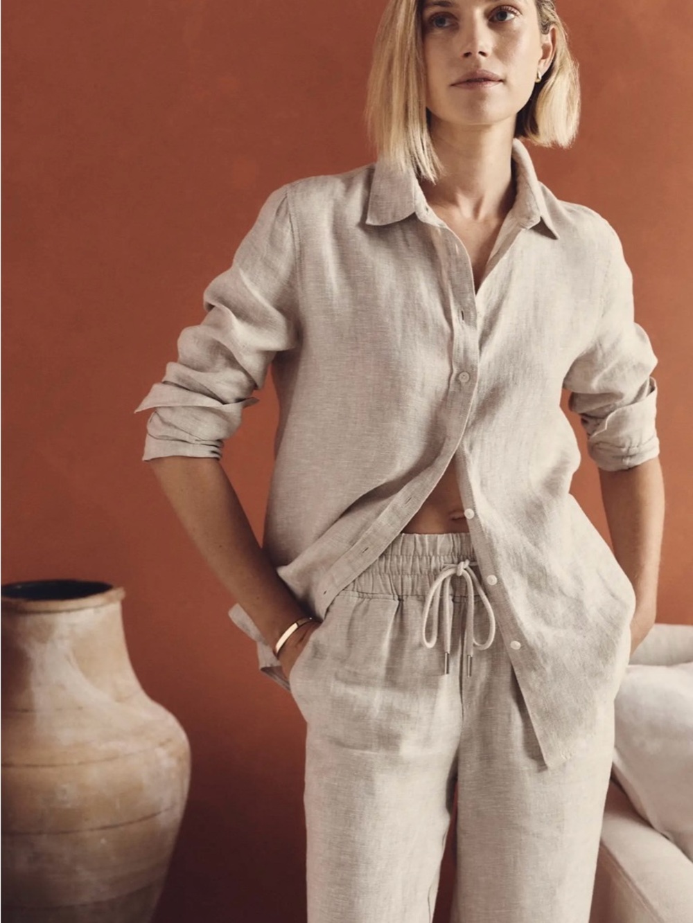 Quince Light Beige Linen Button-Up Shirt and Drawstring Pants Set